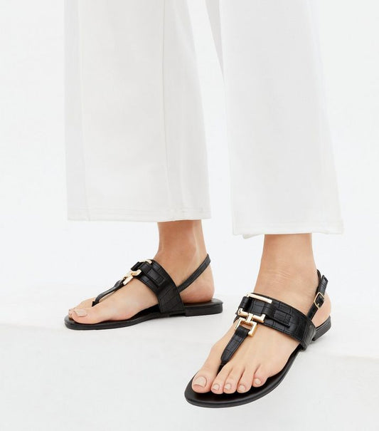 NEW LOOK Wide Fit Black Faux Croc Slingback Sandals